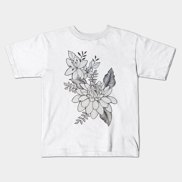 Fine line chrysanthemum and tiger lilies Kids T-Shirt by fun chaos amy